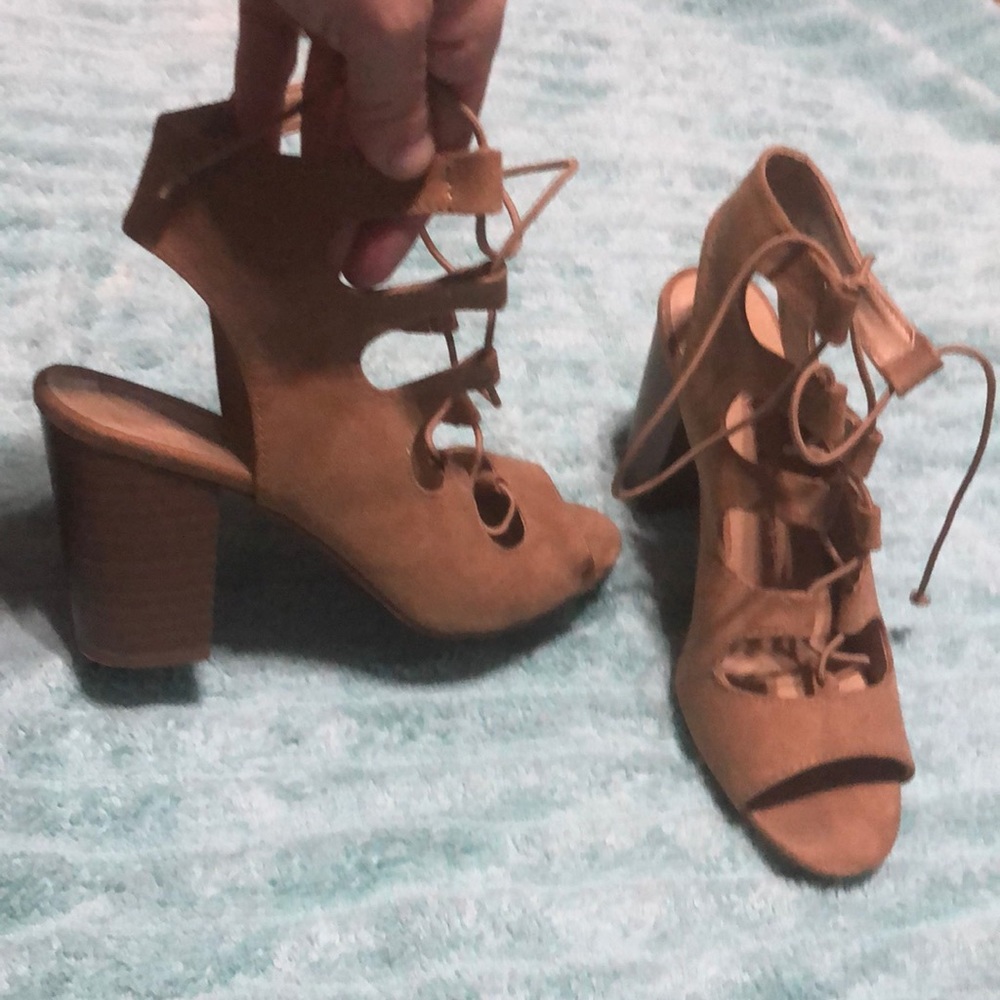 Tan suede tie up heels